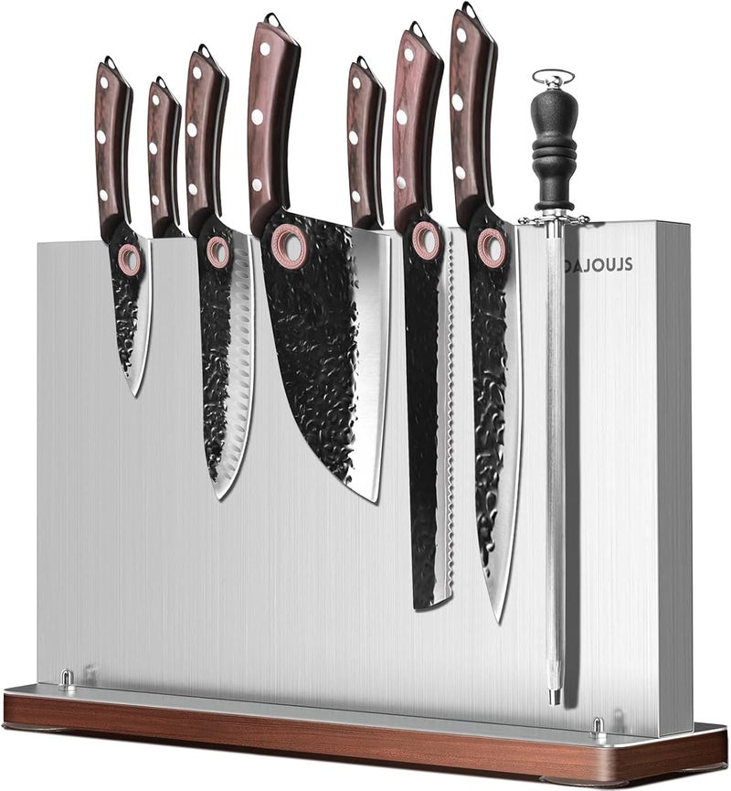 DAJOUJS Magnetic Knife Holder, Stainless Steel Magnetic Knife Block without Knives, Strong Double Sided Magnet Knife Storage Strip with Wood Base for Kitchen Counter-Silver - Image 1